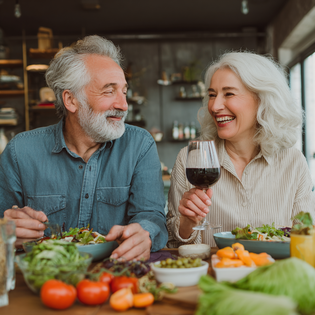 Content mature adults sharing a healthy balanced meal together