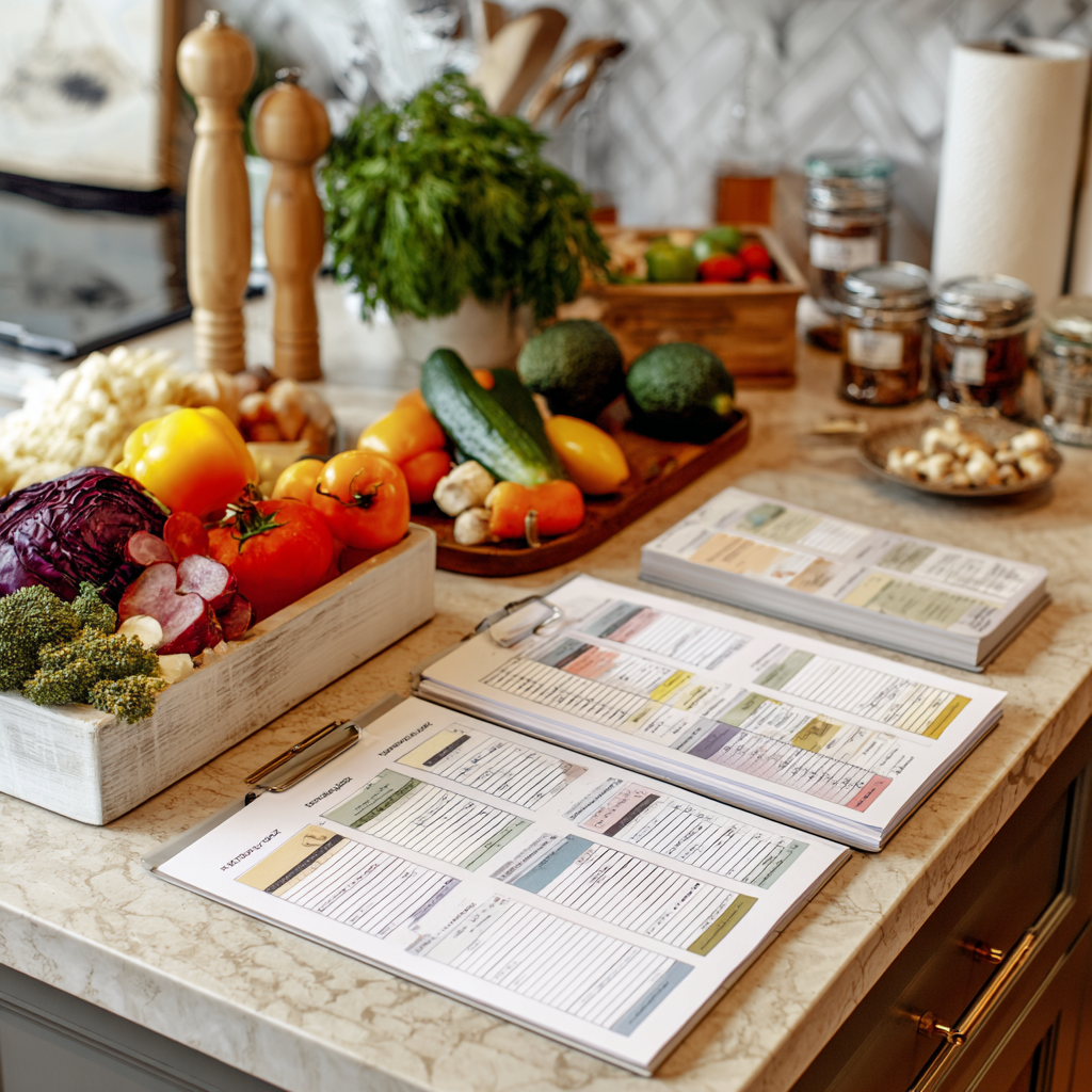 Organized meal planning workspace with fresh ingredients and nutrition charts for middle-aged adults